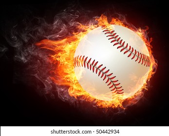 Baseball ball enveloped in fire flames isolated on black background. 