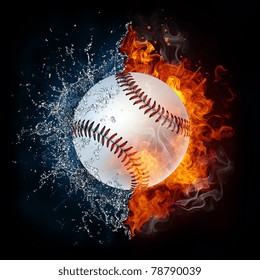 Baseball ball in fire and water. Illustration of the baseball ball enveloped in elements isolated on black background. High resolution baseball ball in fire and water image for a baseball game poster.
