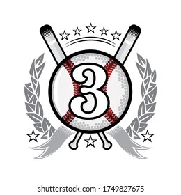 Baseball Ball With Number Three And Cross Bats. Sport Logo Isolated On White For Any Team Or Competition