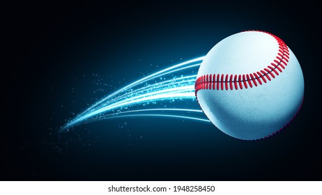Baseball ball speed fast magic effect in blue flames and lights black background 3D rendering