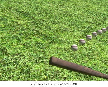 baseball bat and Baseball on the Field, 3D rendering
