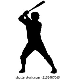 Baseball Batter Player, Also Known As Batsman - Batman In Motion To Hit A Pitcher's Ball With The Bat When Teeing Off. Detailed Realistic Silhouette