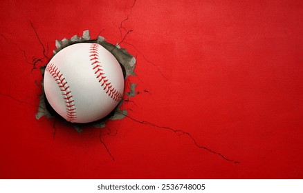 Baseball breaks through red concrete wall concept of power, strength.