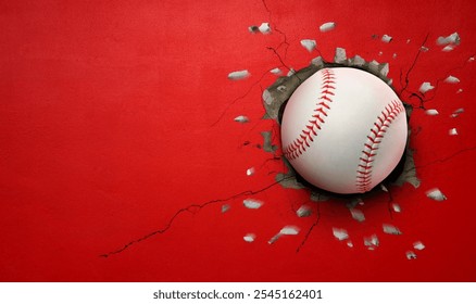Baseball breaks through red concrete wall concept of power, strength.