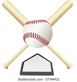 A Baseball Emblem Crossed Bats Over Home Plate Ready For College Or Major Leagues Spring Training To The World Series.