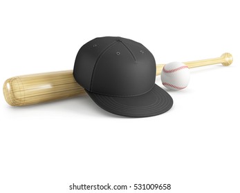 Baseball Equipment, Empty Cap, Bat, And Ball Isolated On A White Background. 3D Illustration.