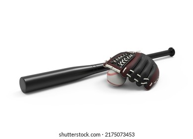 Baseball Equipment Isolated On White Background. Close-up Sports Equipment. Baseball Glove, Bat, And Ball. 3D Rendering.
