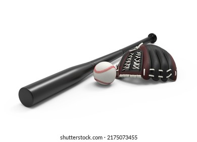 Baseball Equipment Isolated On White Background. Close-up Sports Equipment. Baseball Glove, Bat, And Ball. 3D Rendering.