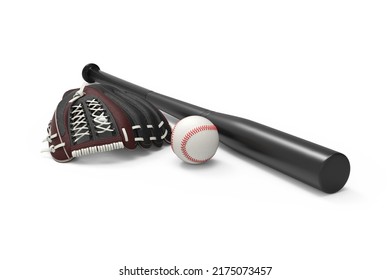 Baseball Equipment Isolated On White Background. Close-up Sports Equipment. Baseball Glove, Bat, And Ball. 3D Rendering.