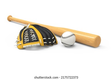 Baseball Equipment Isolated On White Background. Close-up Sports Equipment. Baseball Bat, Ball, And Glove. 3D Rendering