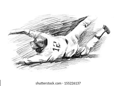 Baseball Player Home Run Slide Drawing. A Hand Drawn Of Baseball Player Sliding To The Base For Winningl. Black And White Drawing With Pencil