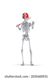 Baseball player skeleton - 3D illustration of male human skeleton figure with bat and baseball wearing helmet isolated on white studio background