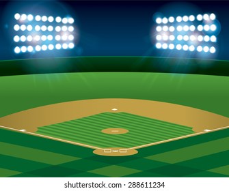 A Baseball Or Softball Field Illuminated At Night.