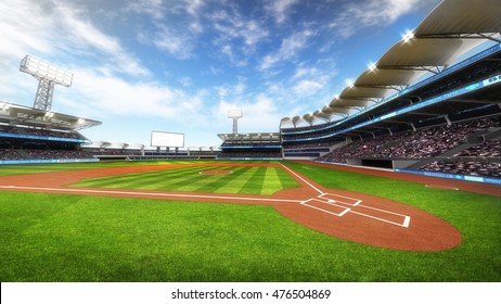 baseball stadium with fans at sunny weather, sport theme 3D illustration