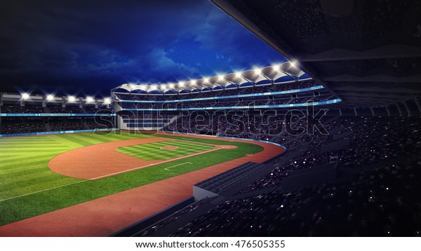 baseball stadium with fans under roof\
tribune view, sport theme 3D\
illustration
