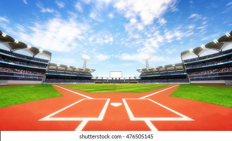 baseball stadium playground with blue cloudy sky, sport theme 3D illustration