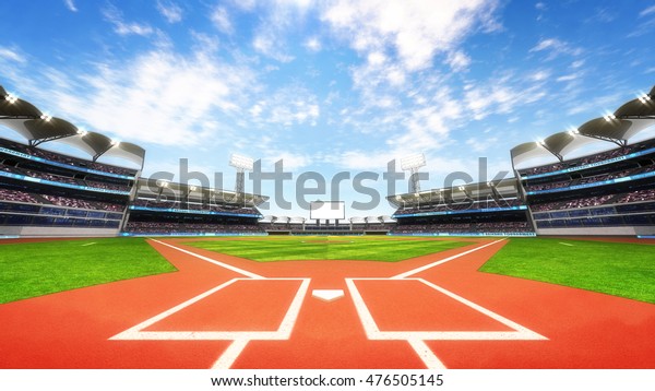 青い曇り空の野球場の遊び場 スポーツのテーマ3dイラスト のイラスト素材