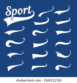 Baseball Tails. Swoosh Swash Swish Typography Curly Tail Tee Sports Team Pennant Vintage Curl And Wave Logo For American Baseball Shirt Graphics Banner  Isolated Icon Set