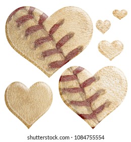 Baseball themed assorted size classic heart shapes set in a 3D illustration with a sports baseball style effect with red seams on white with clipping path