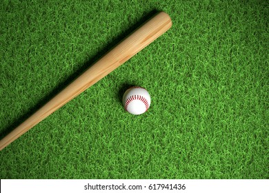  baseball and wooden bat on grass 3d render