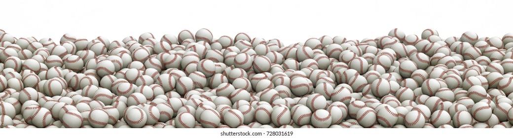 Baseballs pile panorama / 3D illustration of panoramic view of hundreds of baseballs