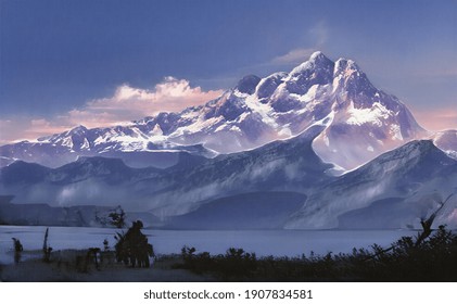 Based On The Works Of Thomas Cole And Frederick Edwin Church. Mountains And A Lake In A Snow-covered Region. Oil Painting Landscape. Made With Brushstrokes On Canvas In A Modern Style.