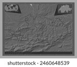 Basel-Landschaft, canton of Switzerland. Bilevel elevation map with lakes and rivers. Locations of major cities of the region. Corner auxiliary location maps