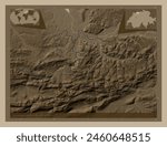 Basel-Landschaft, canton of Switzerland. Elevation map colored in sepia tones with lakes and rivers. Locations of major cities of the region. Corner auxiliary location maps