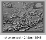 Basel-Landschaft, canton of Switzerland. Grayscale elevation map with lakes and rivers. Locations of major cities of the region. Corner auxiliary location maps