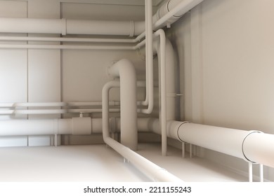 Basement background. White pipeline in basement. Basement room with plumbing or gas pipes. Visualization of interior of boiler room. Engineering room with pipes. Realistic style. 3d rendering. - Powered by Shutterstock