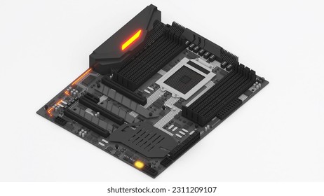 basic computer equipment parts, isometric ,ic components, capacitor ,cpu, mainboard ,3d rendering