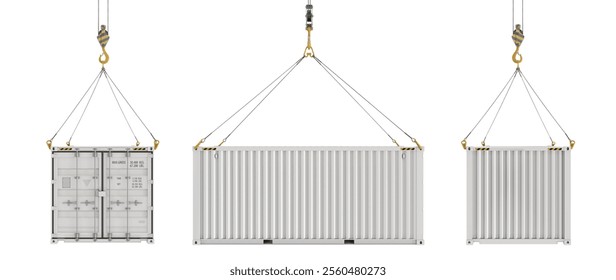 A basic set of views of a 20-foot shipping container lifting, isolated on a white background. Realistic views from the front, side, and back. 3D illustration.