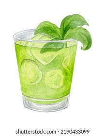 Basil Punch Cocktail Watercolor Hand Drawn Illustration. Drink Clipart On White Background. 