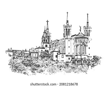 Basilica of Notre Dame de Fourviere, Lyon, France, sketch illustration. 