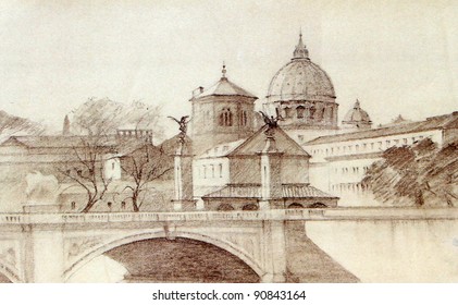 Basilica San Pietro   Ponte Vittorio Emanuele painted by sanguine pencil  Vatican  Rome  Italy 
