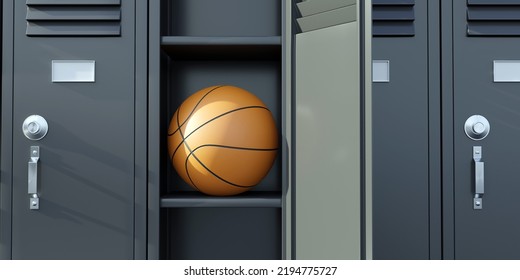 Basket Ball In An Open Gym Locker. Basketball Athletes Change Room. Student Grey Color Metal Closet, Close Up. 3d Render