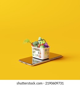 Basket with fresh vegetables on smartphone. online shopping food concept. 3d rendering - Powered by Shutterstock