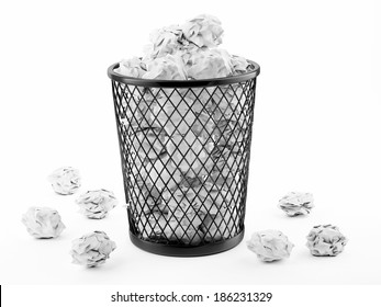 Basket Full of Waste Paper Isolated on White Background