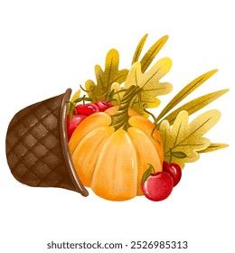 Basket with harvest, pumpkins and apples. Country postcard. Thanksgiving and autumn harvest. Hand drawn illustration on isolated background - Powered by Shutterstock