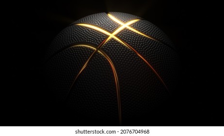 Basketball Ball Background. Black Basketball Ball With Golden Glowing Lines And Dimple Texture. Futuristic Sports Concept. 3d Rendering