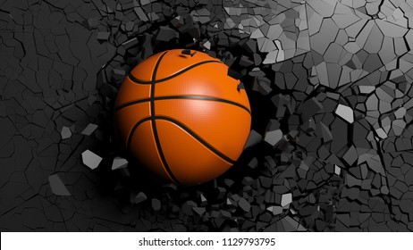  Basketball Ball Breaking With Great Force Through A Black Wall. 3d Illustration.