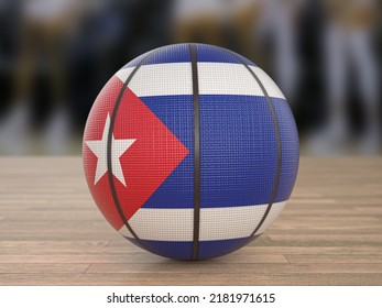 Basketball Ball Cuba Flag On A Wooden Floor. 3d Illustration.