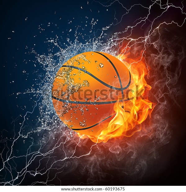 バスケットボールが火と水の中に 黒い背景に炎と水で囲まれたバスケットボールのラスターイラスト バスケットボールのゲームポスターのボール画像 のイラスト素材