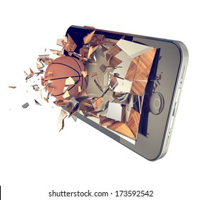 A Basketball ball on cell phone. Broken glass mobile phone with basketball ball. A sport action or app concept - Powered by Shutterstock