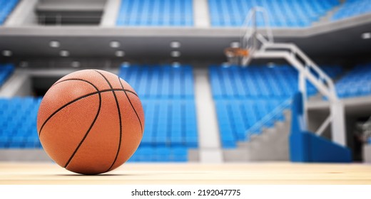 Basketball Ball On Basketball Court In An Empty Basketball Arena. 3d Illustration