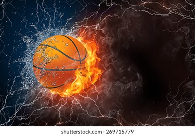 Basketball ball on fire and water with lightening around on black background. Horizontal layout with text space.