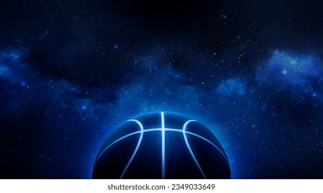 basketball with bright blue glowing neon lines floating in the Planet view from space - Powered by Shutterstock