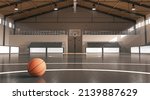 Basketball court with ball, hoop and tribune mockup, front view, 3d rendering. School gymnasium area with basket equipment. Sporty basket-ball playground for teamwork template.