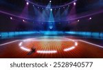 Basketball court bathed in vibrant neon lights, with single basketball resting at center of illuminated court. 3D render of stadium. Concept of professional sport, tournament, competition, live event