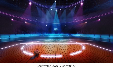 Basketball court bathed in vibrant neon lights, with single basketball resting at center of illuminated court. 3D render of stadium. Concept of professional sport, tournament, competition, live event - Powered by Shutterstock